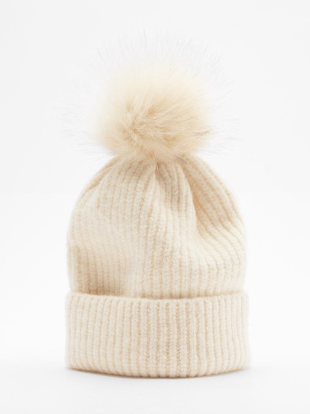 Zara Tan Beige Wool Blend Knit Winter Fall Foldover Beanie Hat